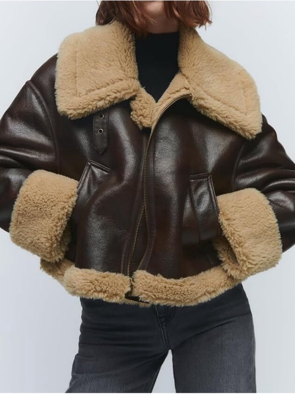 Zara Brown Leather Bomber Jacket